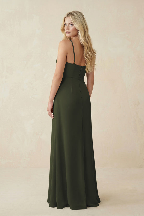 Olive Ruched Sheath Spaghetti Strap Chiffon Bridesmaid Dress (2) | KISSBRIDAL