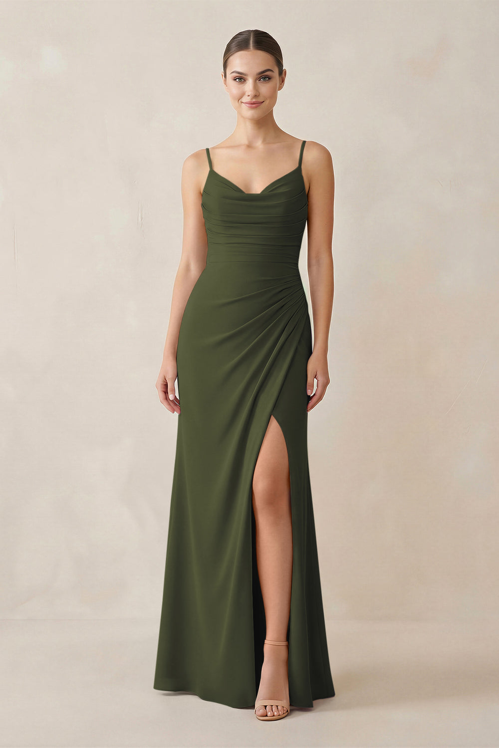 Ruched Sheath Spaghetti Strap Chiffon Bridesmaid Dress in Olive