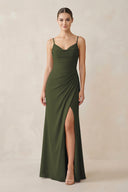 Olive Ruched Sheath Spaghetti Strap Chiffon Bridesmaid Dress | KISSBRIDAL