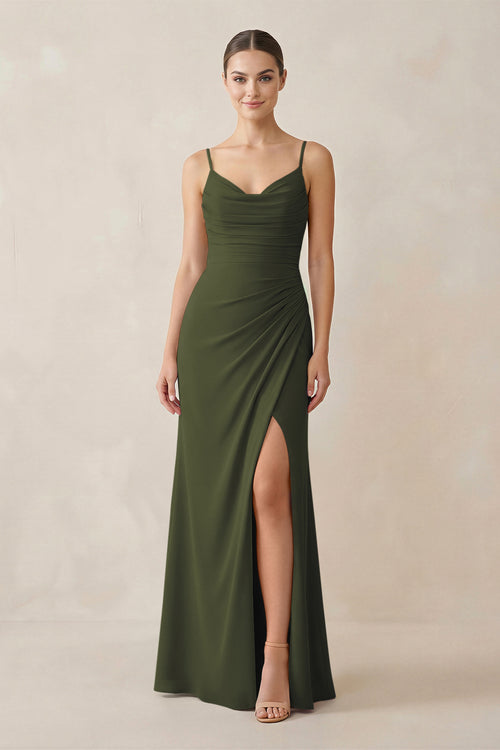 Olive Ruched Sheath Spaghetti Strap Chiffon Bridesmaid Dress | KISSBRIDAL
