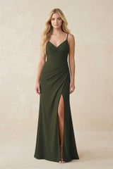 Olive Ruched Sheath Spaghetti Strap Chiffon Bridesmaid Dress | KISSBRIDAL
