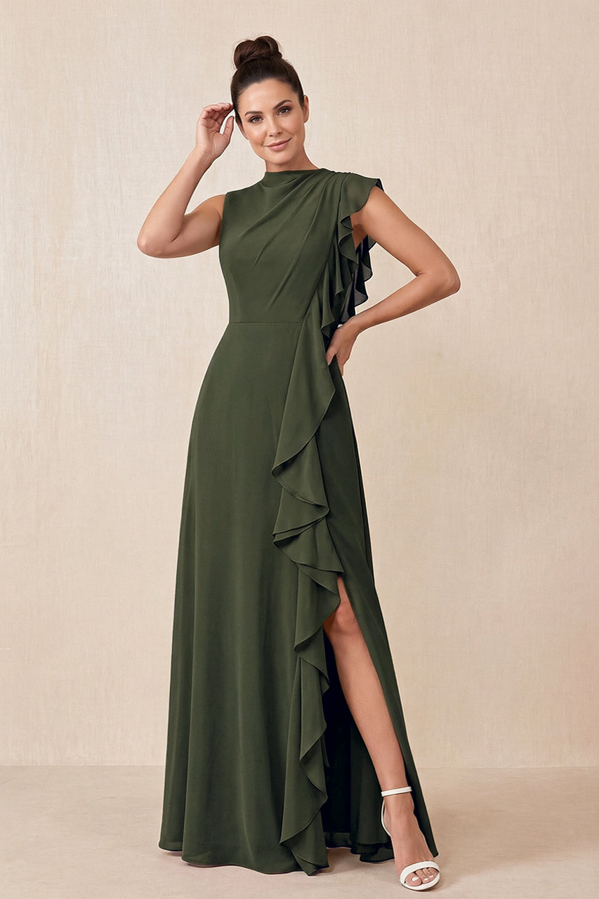Olive Ruffled A-Line Chiffon Mother of the Bride Dress