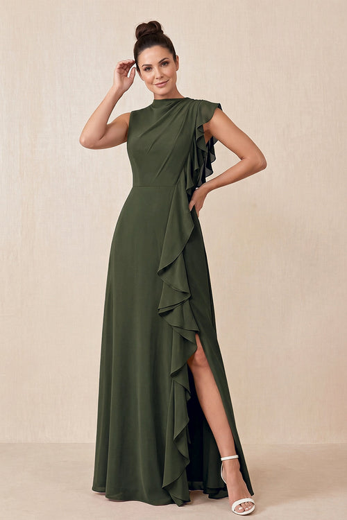 Olive Ruffled A-Line Chiffon Mother of the Bride Dress | KISSBRIDAL