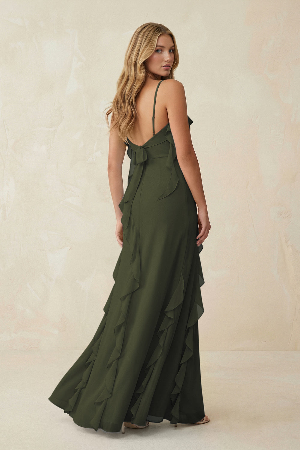 Ruffled Cami Strap Chiffon Sheath Bridesmaid Dress in Olive