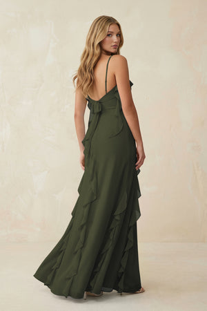 Olive Ruffled Cami Strap Chiffon Sheath Bridesmaid Dress (2) | KISSBRIDAL