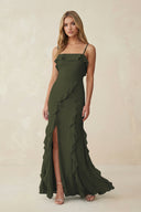 Olive Ruffled Cami Strap Chiffon Sheath Bridesmaid Dress | KISSBRIDAL