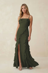 Olive Ruffled Cami Strap Chiffon Sheath Bridesmaid Dress | KISSBRIDAL