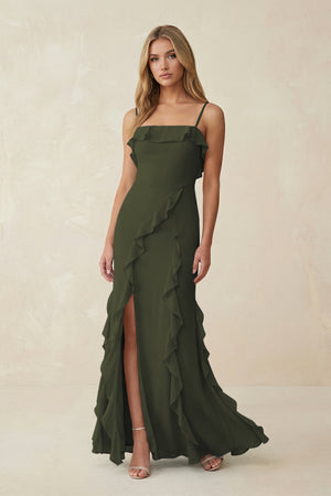 Olive Ruffled Cami Strap Chiffon Sheath Bridesmaid Dress | KISSBRIDAL