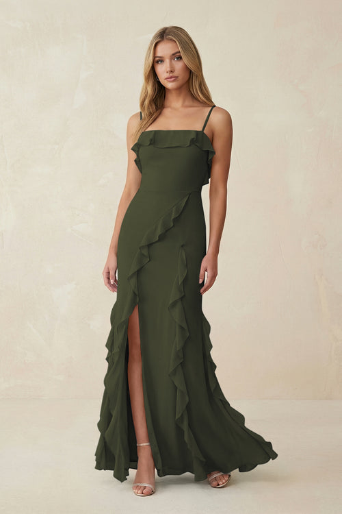 Olive Ruffled Cami Strap Chiffon Sheath Bridesmaid Dress | KISSBRIDAL