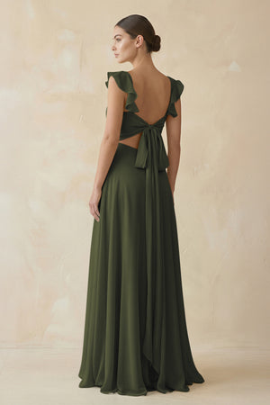 Olive Ruffled Chiffon A-Line Long Bridesmaid Dress (2) | KISSBRIDAL