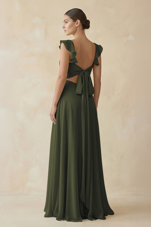 Olive Ruffled Chiffon A-Line Long Bridesmaid Dress (2) | KISSBRIDAL