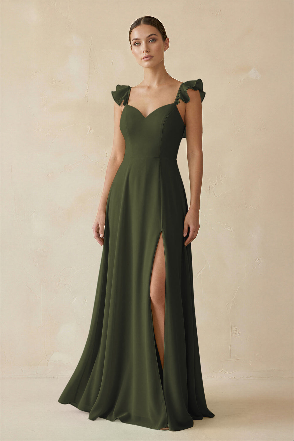 Ruffled Chiffon A-Line Long Bridesmaid Dress in Olive