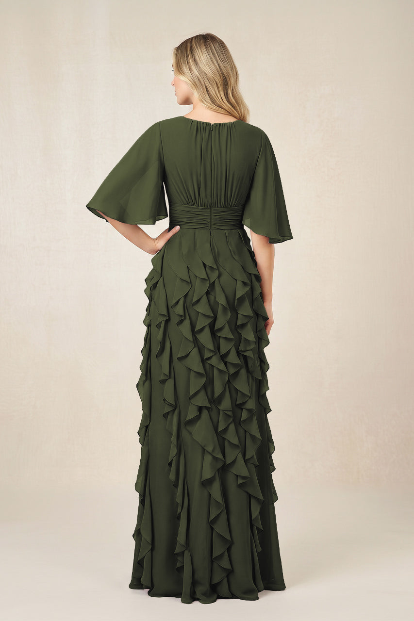 Olive Ruffled Chiffon Half Sleeves A-Line Mother of the Bride Dress