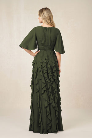Olive Ruffled Chiffon Half Sleeves A-Line Mother of the Bride Dress (2) | KISSBRIDAL