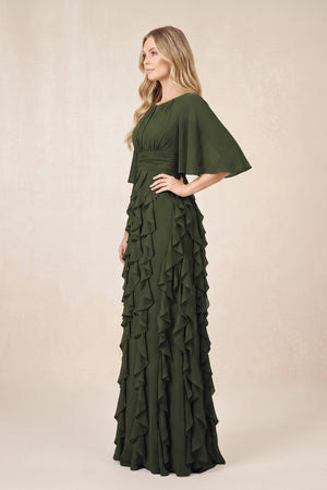 Olive Ruffled Chiffon Half Sleeves A-Line Mother of the Bride Dress (3) | KISSBRIDAL