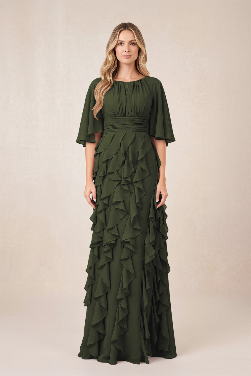 Olive Ruffled Chiffon Half Sleeves A-Line Mother of the Bride Dress