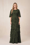 Olive Ruffled Chiffon Half Sleeves A-Line Mother of the Bride Dress | KISSBRIDAL