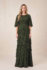 Olive Ruffled Chiffon Half Sleeves A-Line Mother of the Bride Dress | KISSBRIDAL