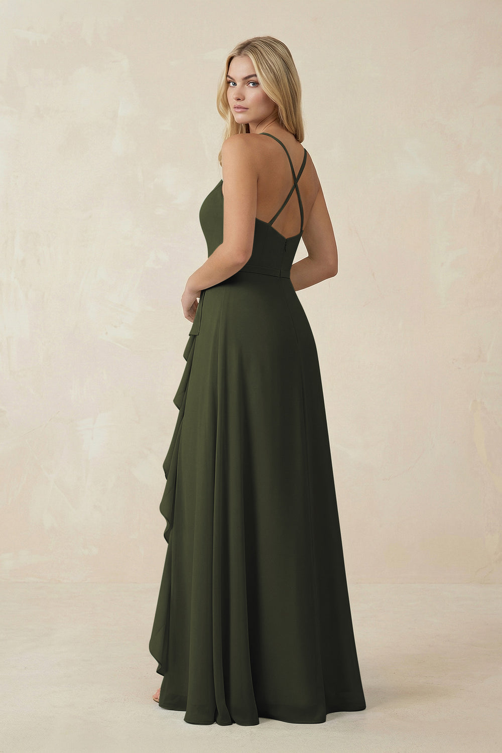 Ruffled Hem A-Line Chiffon Bridesmaid Dress in Olive