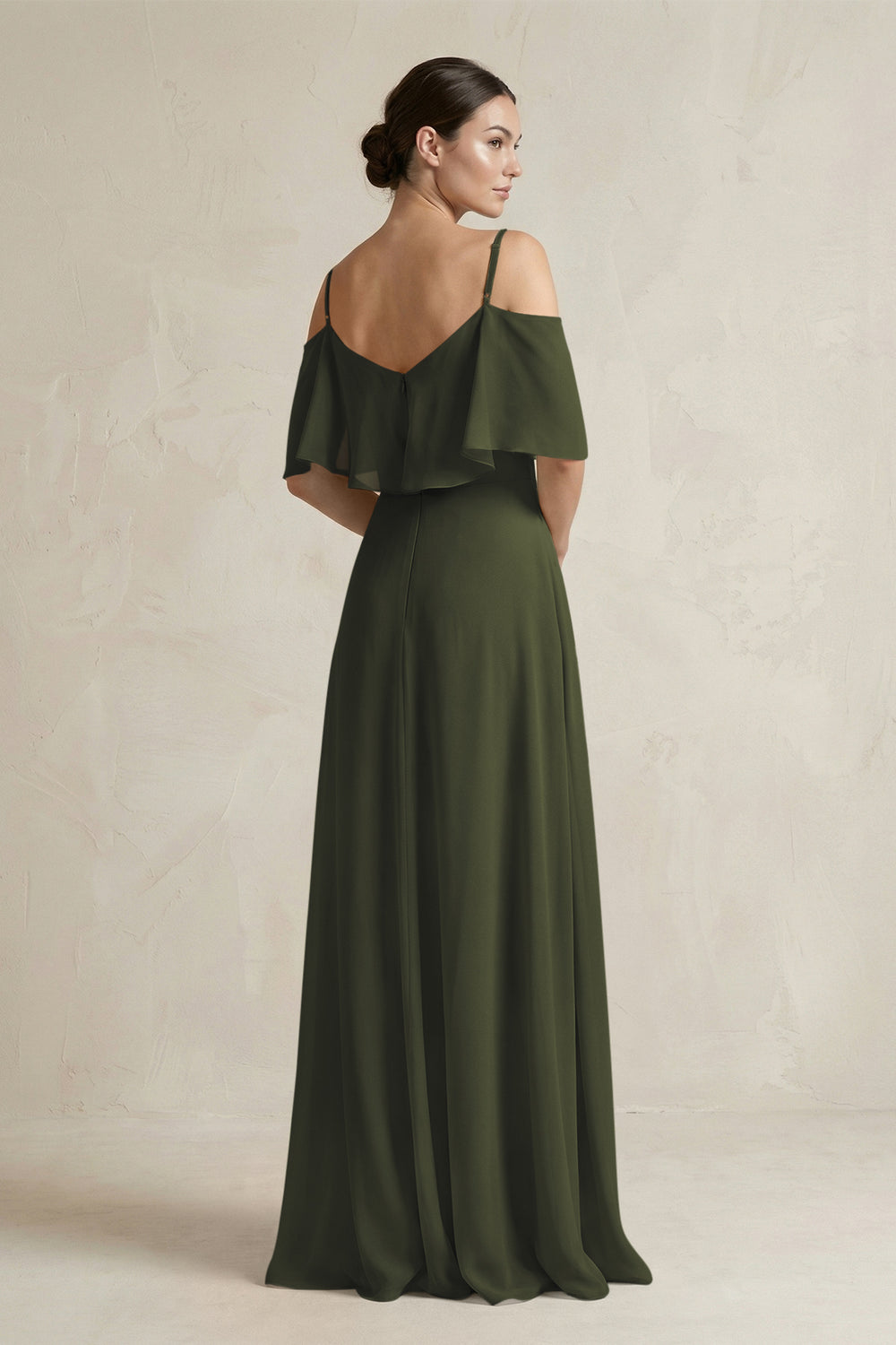 Ruffled Off-the-Shoulder A-Line Chiffon Bridesmaid Gown in Olive