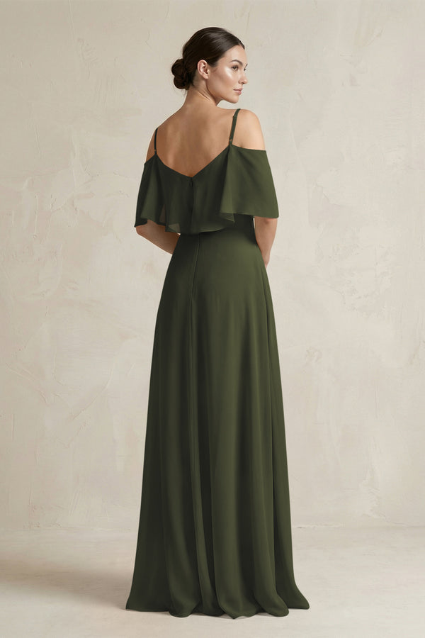 Olive Ruffled Off-the-Shoulder A-Line Chiffon Bridesmaid Gown (2) | KISSBRIDAL