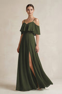 Olive Ruffled Off-the-Shoulder A-Line Chiffon Bridesmaid Gown | KISSBRIDAL