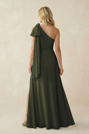 Olive Ruffled One Shoulder Chiffon Bridesmaid Dress With Slit in Olive (2) | KISSBRIDAL