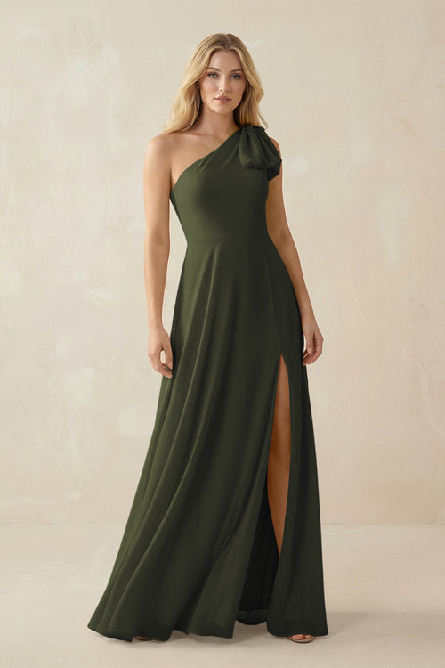 Olive Ruffled One Shoulder Chiffon Bridesmaid Dress With Slit in Olive | KISSBRIDAL