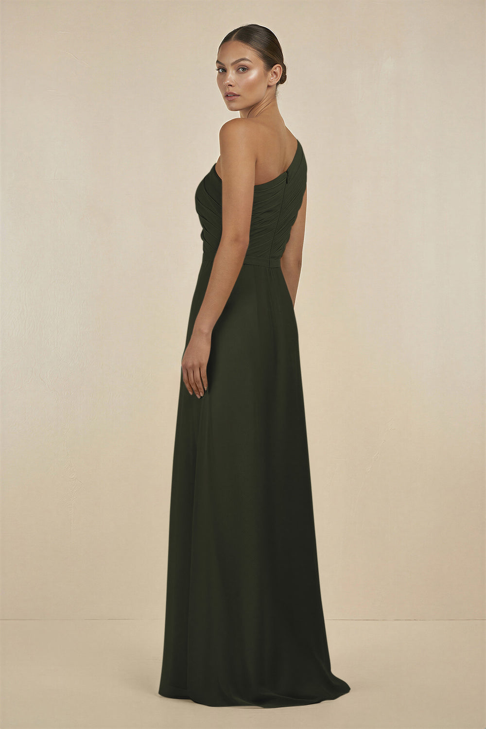 Ruffled One-Shoulder Pleated Sheath Bridesmaid Dress in Olive