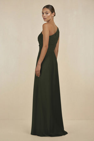 Olive Ruffled One-Shoulder Pleated Sheath Bridesmaid Dress (2) | KISSBRIDAL
