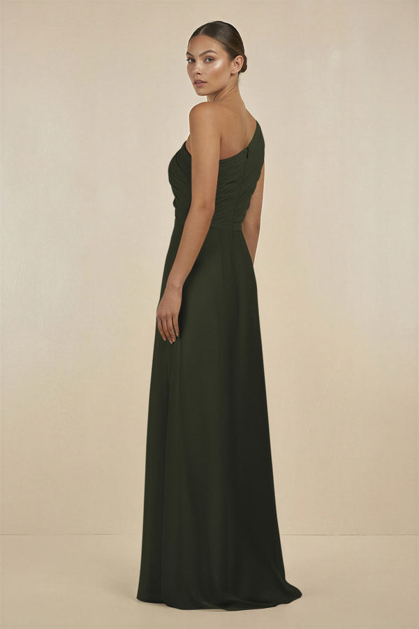 Olive Ruffled One-Shoulder Pleated Sheath Bridesmaid Dress (2) | KISSBRIDAL