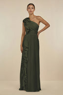 Olive Ruffled One-Shoulder Pleated Sheath Bridesmaid Dress | KISSBRIDAL