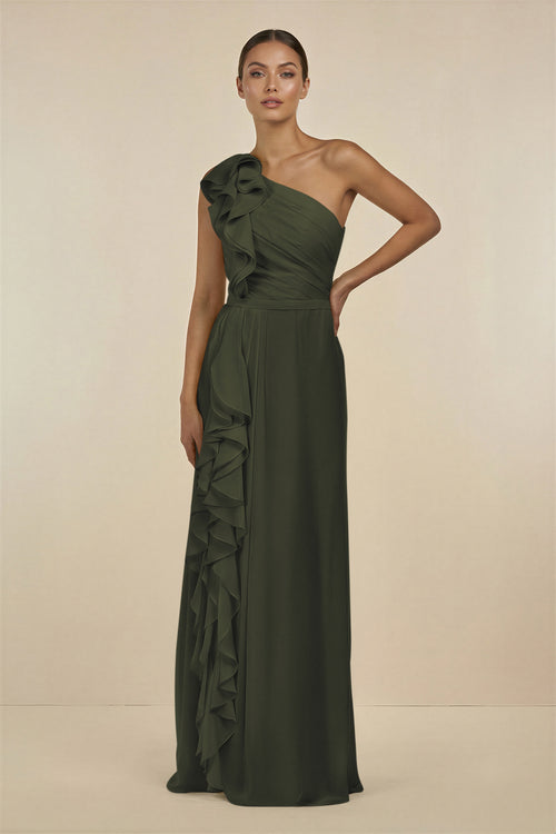 Olive Ruffled One-Shoulder Pleated Sheath Bridesmaid Dress | KISSBRIDAL