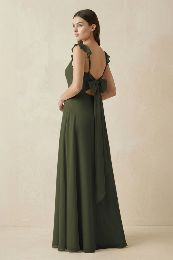 Olive Ruffled Sleeve A-Line Chiffon Bridesmaid Dress (2) | KISSBRIDAL