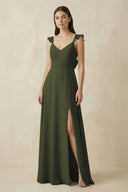 Olive Ruffled Sleeve A-Line Chiffon Bridesmaid Dress | KISSBRIDAL