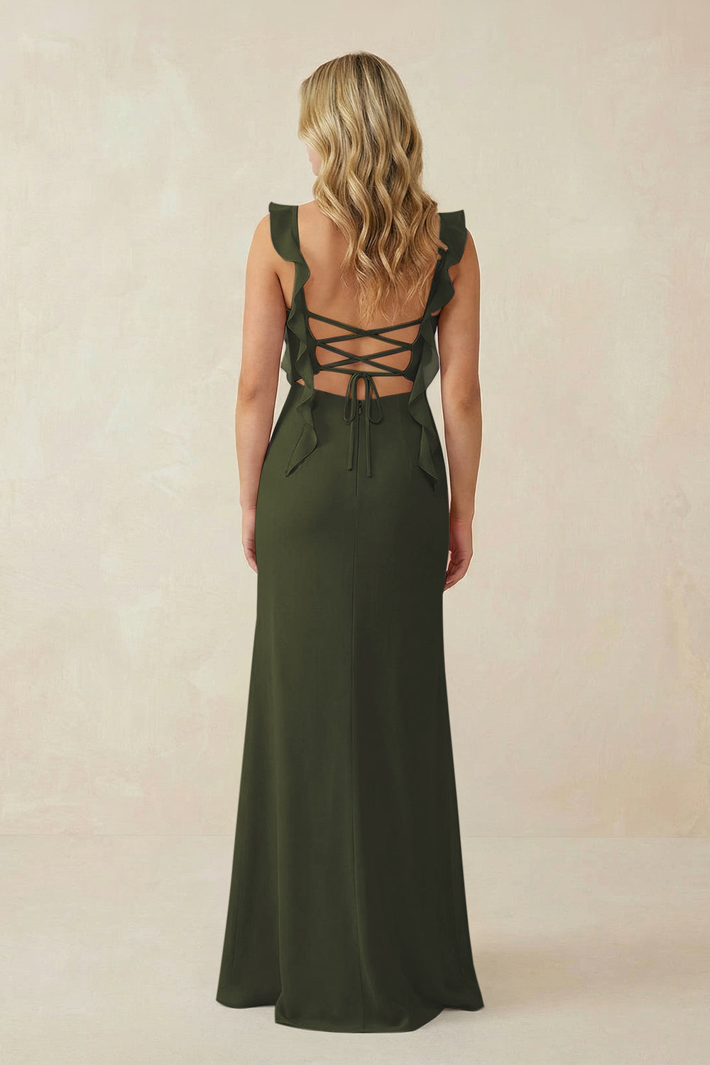 Ruffled Sleeve Ruched Sheath Chiffon Bridesmaid Dress in Olive
