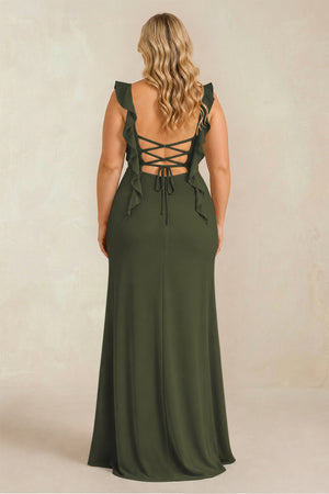 Olive Ruffled Sleeve Ruched Sheath Chiffon Bridesmaid Dress (2) [sizeplus] | KISSBRIDAL