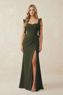 Olive Ruffled Sleeve Ruched Sheath Chiffon Bridesmaid Dress | KISSBRIDAL
