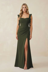 Olive Ruffled Sleeve Ruched Sheath Chiffon Bridesmaid Dress | KISSBRIDAL