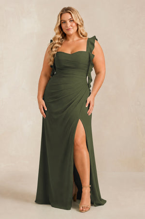 Olive Ruffled Sleeve Ruched Sheath Chiffon Bridesmaid Dress [sizeplus] | KISSBRIDAL