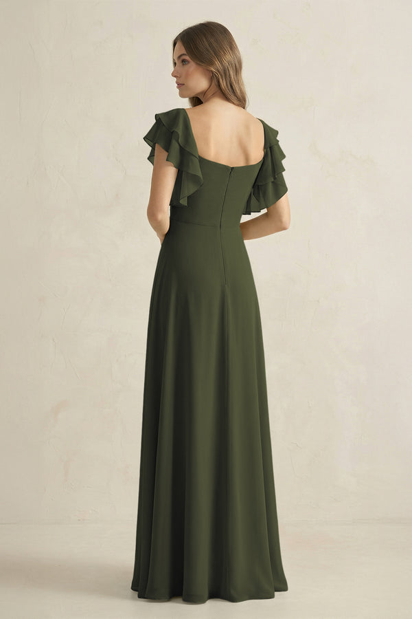 Olive Ruffled Sleeves A-Line Chiffon Bridesmaid Dress (2) | KISSBRIDAL