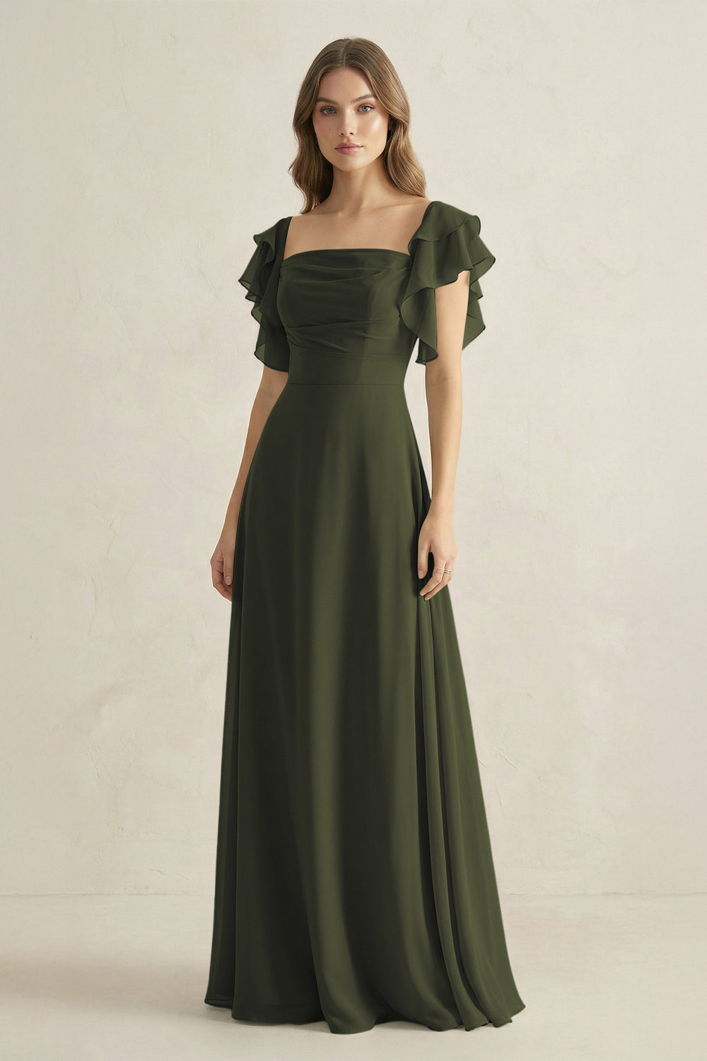 Ruffled Sleeves A-Line Chiffon Bridesmaid Dress in Olive