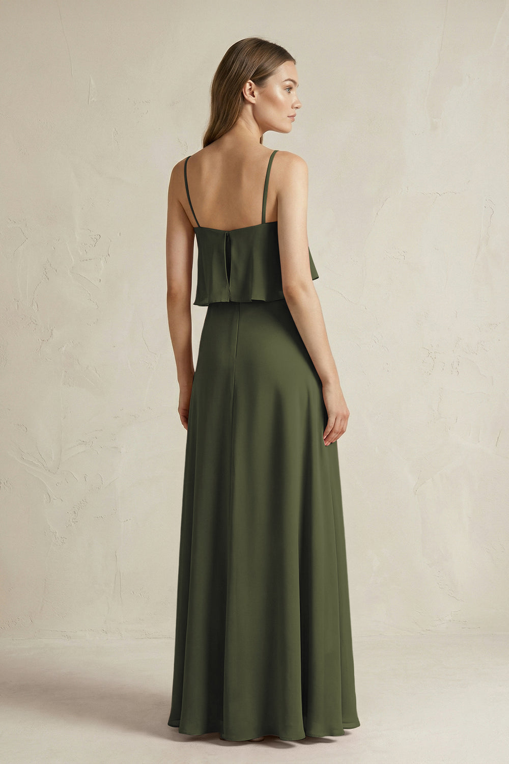 Ruffled Spaghetti Strap A-Line Chiffon Bridesmaid Dress in Olive