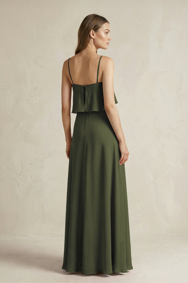 Olive Ruffled Spaghetti Strap A-Line Chiffon Bridesmaid Dress in Olive (2) | KISSBRIDAL