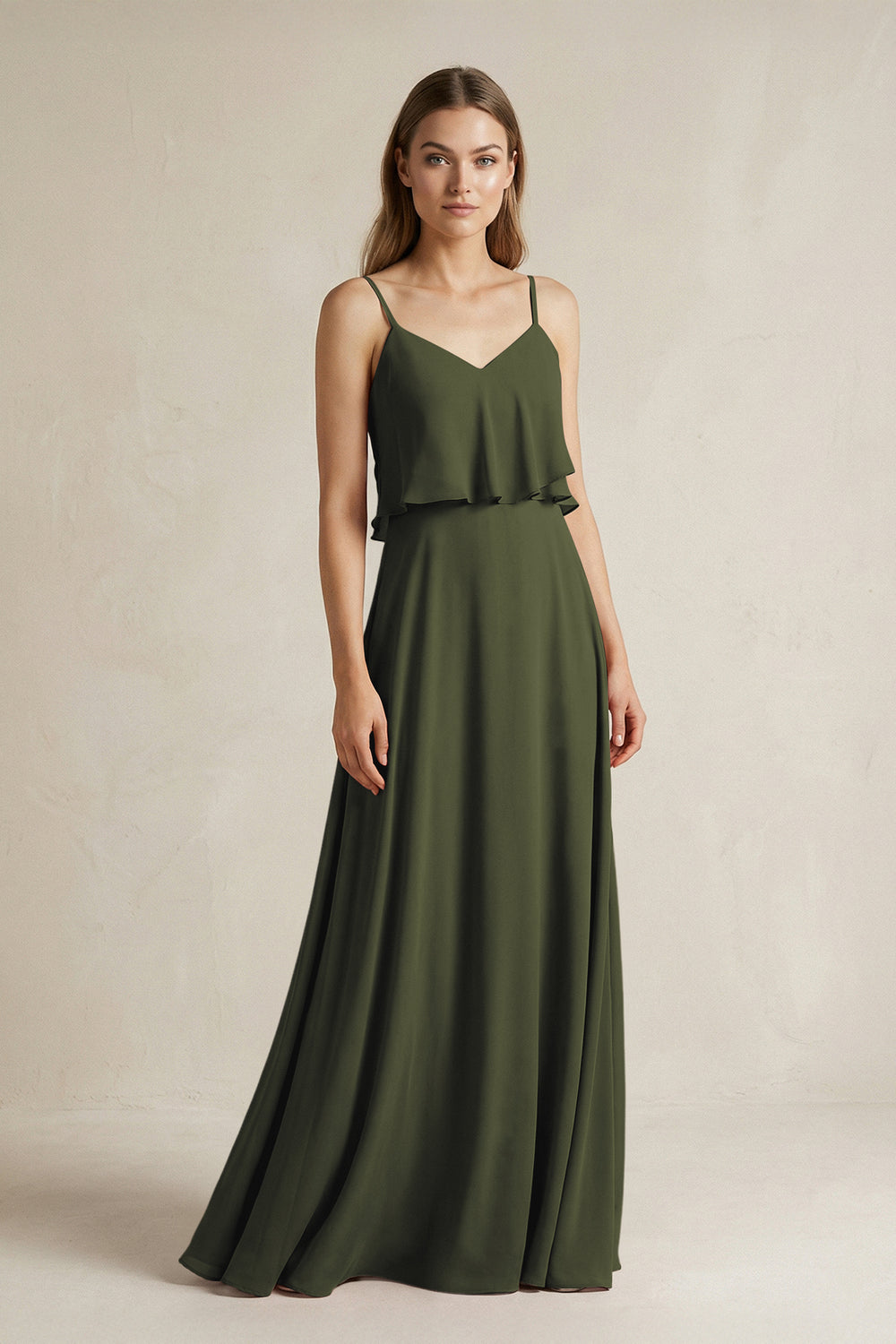Ruffled Spaghetti Strap A-Line Chiffon Bridesmaid Dress in Olive