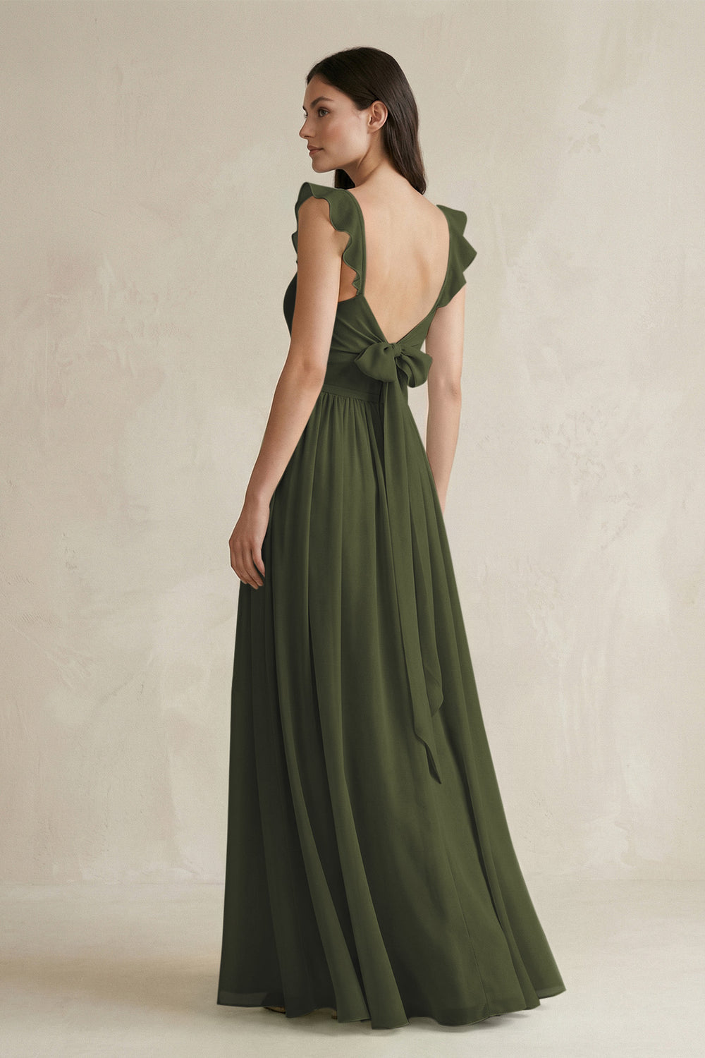Ruffled Spaghetti Strap Chiffon A-Line Bridesmaid Dress in Olive