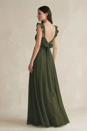 Olive Ruffled Spaghetti Strap Chiffon A-Line Bridesmaid Dress (2) | KISSBRIDAL