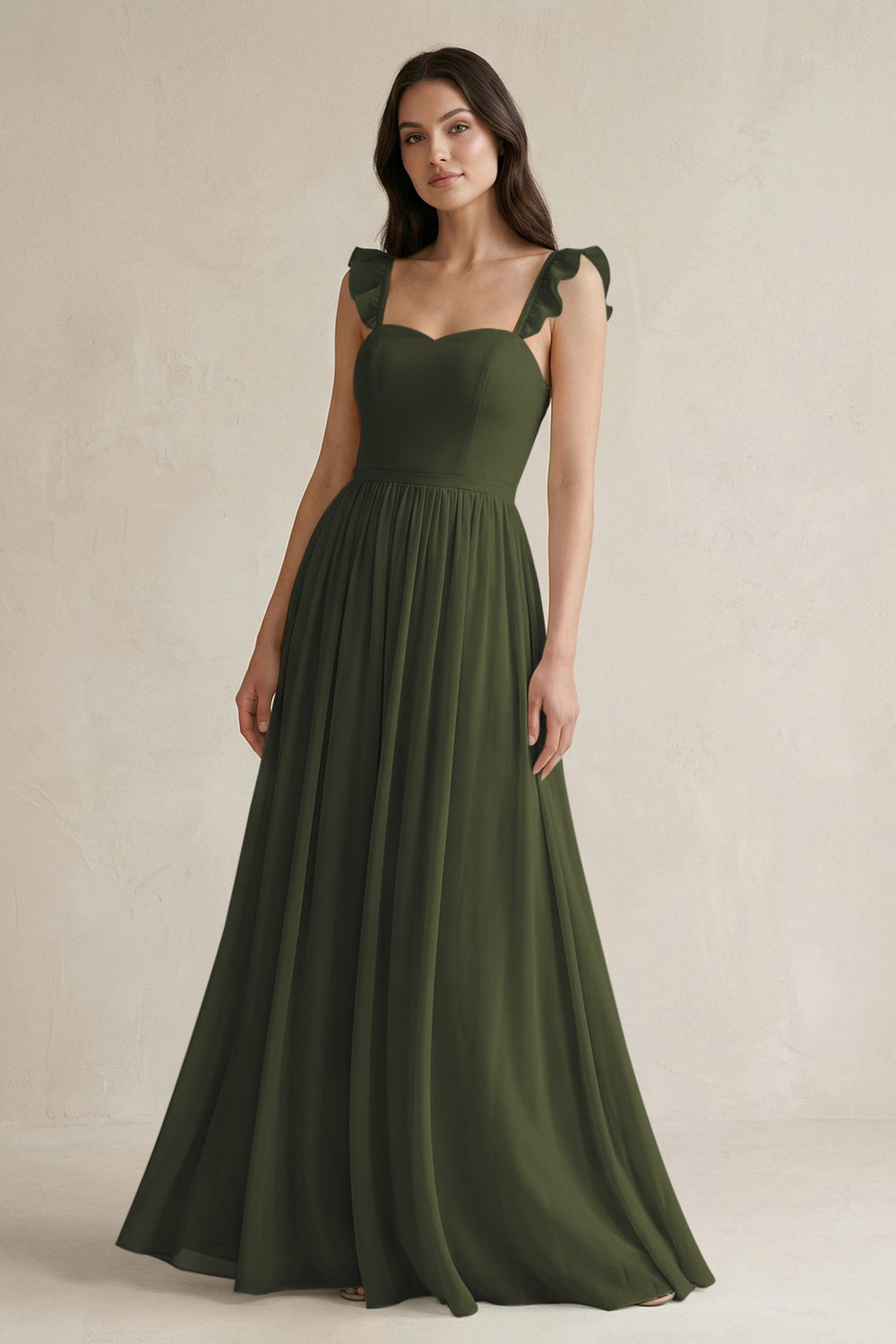 Ruffled Spaghetti Strap Chiffon A-Line Bridesmaid Dress in Olive