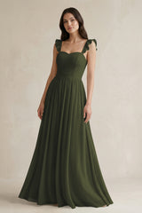 Olive Ruffled Spaghetti Strap Chiffon A-Line Bridesmaid Dress | KISSBRIDAL