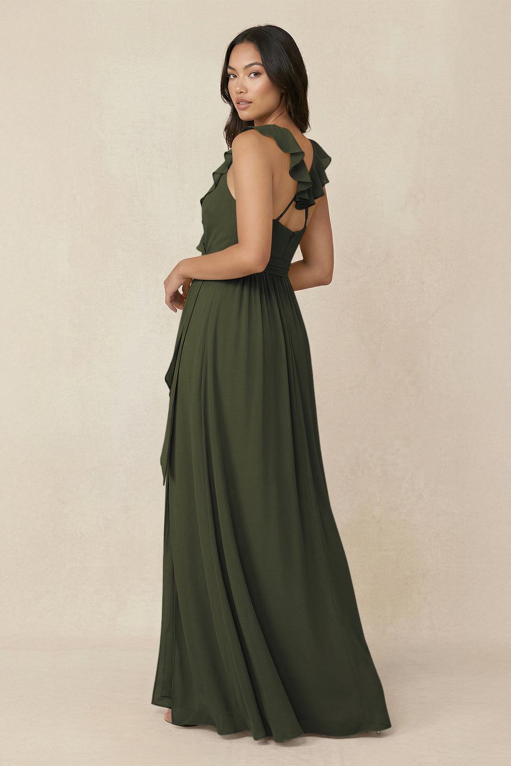 Ruffled V-Neck A-Line Chiffon Bridesmaid Dress in Olive